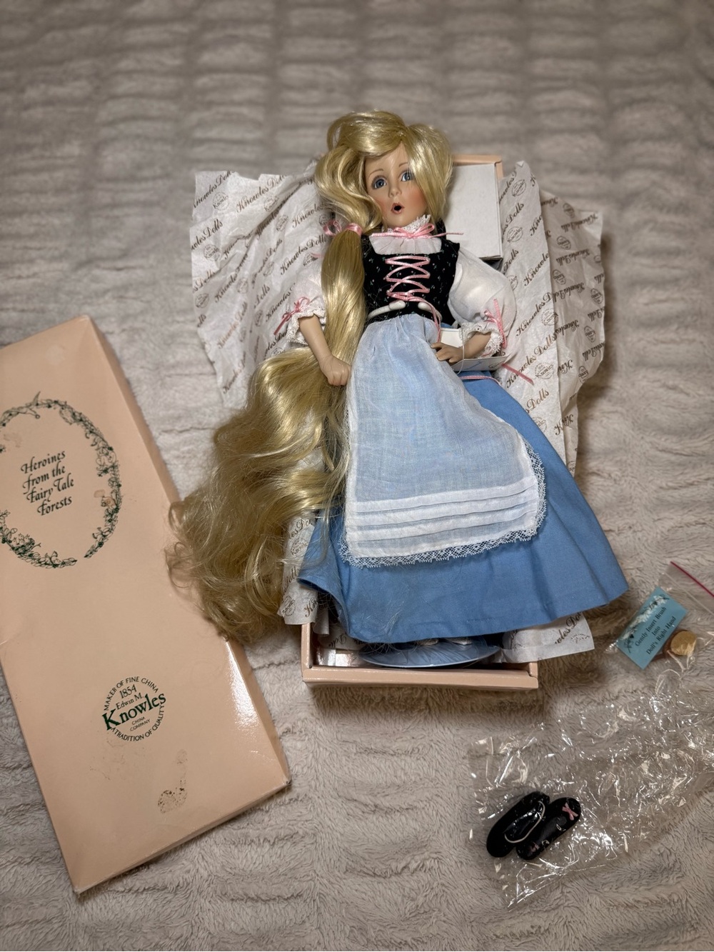 Knowles Blonde-Haired Porcelain Doll in Blue Dress with White Apron